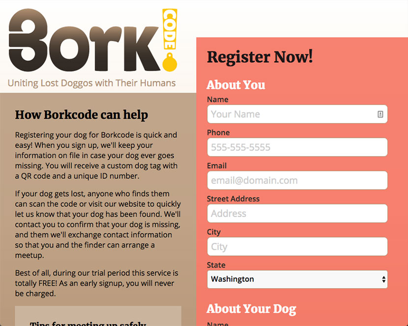 Borkcode registration page
