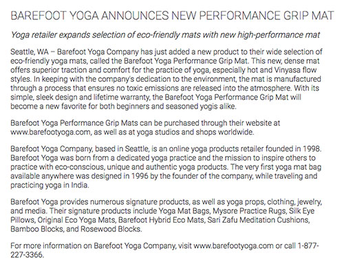 Press Release: Barefoot Yoga Mat